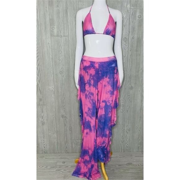 Sheer flair ruffle tie dye pant and bikini top set / outfit size large beach poo - Picture 1 of 5